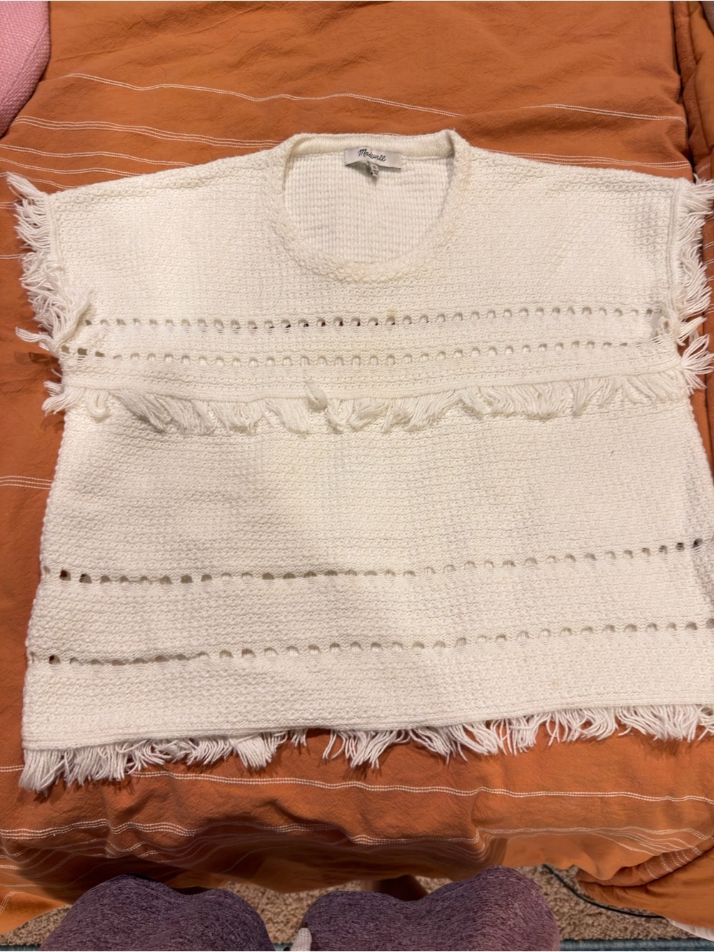 Madewell Cream Fringed Openwork Crew Sweater